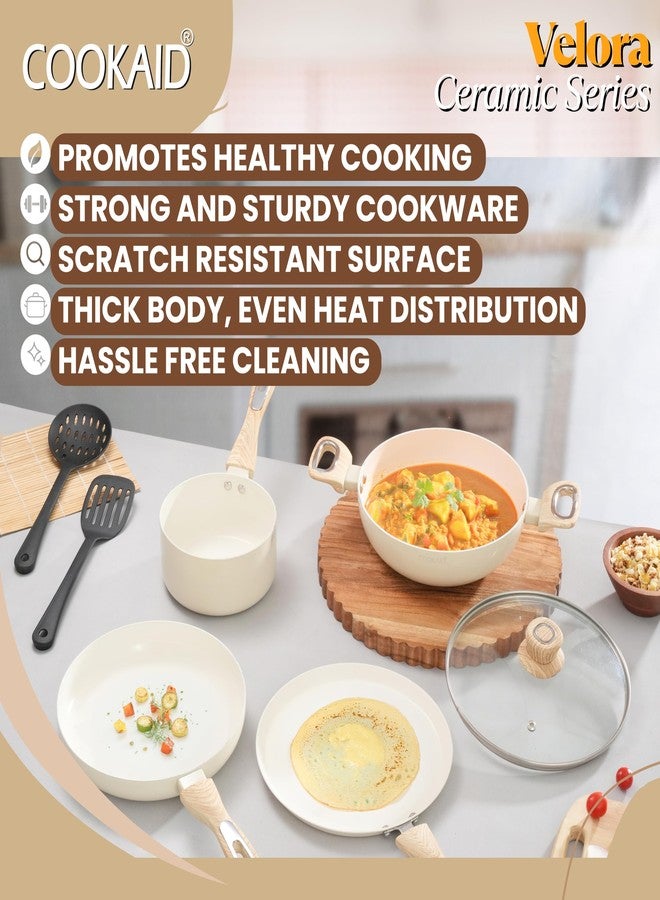 Cookaid Velora Series Cook & Serve Set with Lid | Ceramic Non Stick Cookware Set 7 Pcs (7, Cream) - Image 4